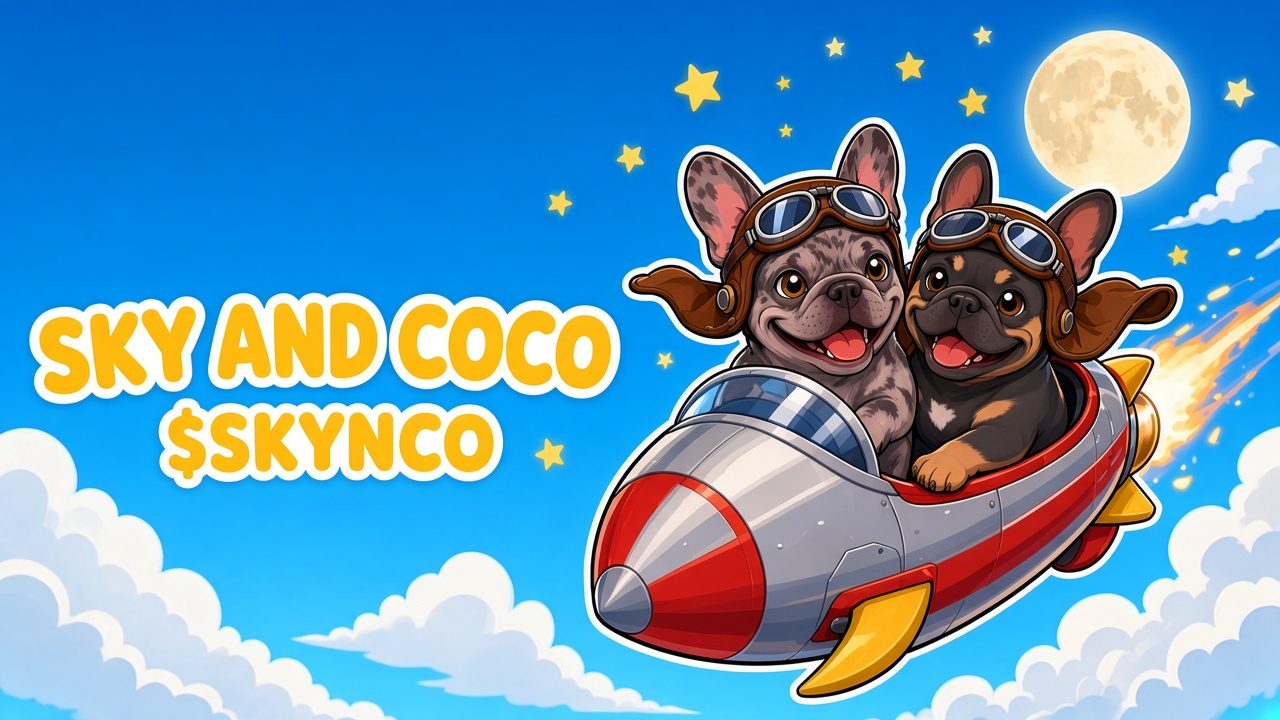 Sky and Coco banner art: two French Bulldogs in aviator caps flying a rocket past the clouds