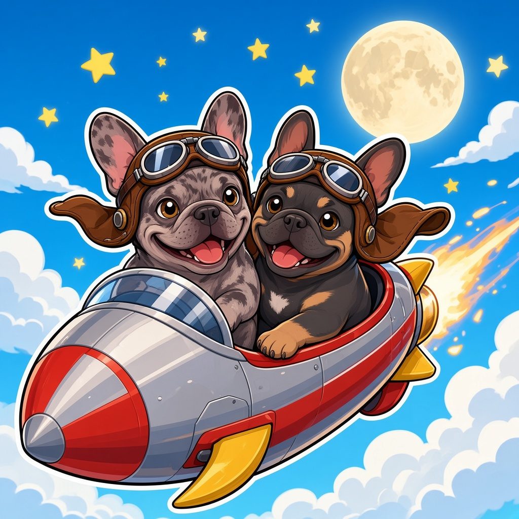 Cartoon of two smiling French Bulldogs wearing brown aviator caps and goggles, riding a silver and red rocket through a blue sky with stars and a full moon